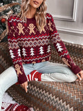 Elegant Women's Christmas Pullover Sweater with Reindeer and Tree Motif, Crew Neck Long Sleeve Knit, Acrylic Color Block Festive Top for Fall/Winter