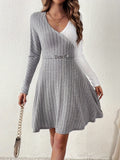 Romildi Ribbed Color Block Dress, Elegant A-line V Neck Long Sleeve Dress, Women's Clothing