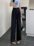 Romildi Solid Draped Straight Leg Pants, Casual High Waist Loose Suit Pants, Women's Clothing