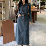 Romildi Blue Long Sleeves Denim Dress, Retro Style Single Breasted Button Split Lapel Denim Dress, Women's Denim Clothing