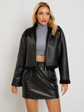 Romildi Solid Faux Fur Decor Jacket, Versatile Zipper Drop Shoulder Jacket, Women's Clothing