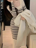 Romildi Striped Print Knitted Slim Dress, Elegant Long Sleeve Dress, Women's Clothing