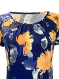 Romildi Floral Print Crew Neck Blouse, Casual Short Sleeve Blouse For Spring & Summer, Women's Clothing