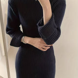 Romildi Solid Boat Neck Sweater Dress, Elegant Long Sleeve Bodycon Knitted Dress, Women's Clothing