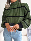 Romildi Striped Color Block Crew Neck Sweater, Casual Long Sleeve Loose Fall Winter Knit Sweater, Women's Clothing