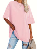 Romildi Drop Shoulder Half Sleeve T-Shirt, Loose Crew Neck Casual Top For Summer & Spring, Women's Clothing