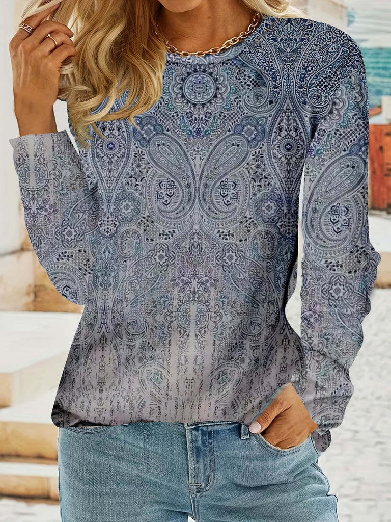 Romildi Women's Plus Size Boho T-Shirt - Paisley Print Long Sleeve Round Neck Slight Stretch Tee for Comfortable and Stylish Look