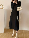 Romildi Mock Neck Ribbed Dress, Casual Solid Long Sleeve Midi Dress, Women's Clothing