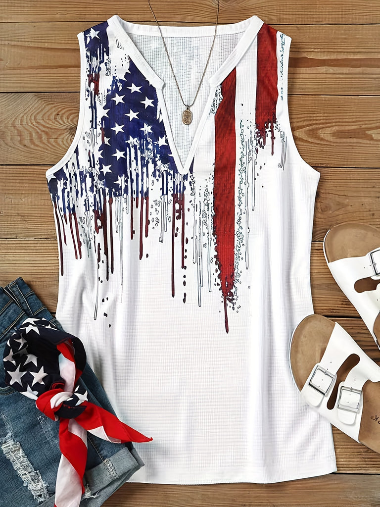 Romildi Flag Print V Neck Tank Top, Sexy Summer Independence Day Sleeveless Top, Women's Clothing