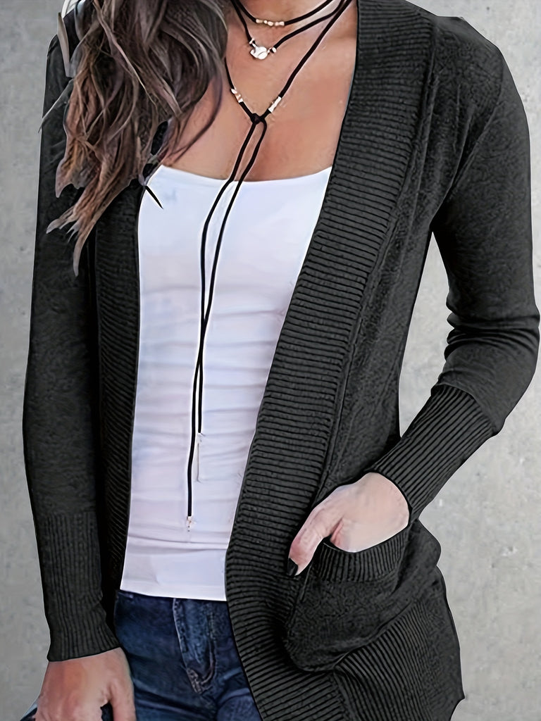 Romildi Solid Open Front Pocket Cardigan, Casual Long Sleeve Cardigan For Spring & Fall, Women's Clothing