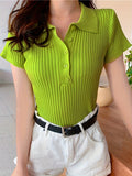 Romildi Ribbed Polo Collar Button Front T-Shirt, Casual Short Sleeve Top For Spring & Summer, Women's Clothing