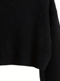 Romildi Solid Crew Neck Pullover Sweater, Casual Long Sleeve Drop Shoulder Crop Sweater, Women's Clothing