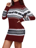 Romildi Christmas Turtleneck Sweater Dress, Long Sleeve Sweater Dress, Casual Sweater Dress For Fall & Winter, Women's Clothing