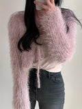 Romildi Solid Tied Front Fluffy Crop Cardigan, Elegant Long Sleeve Chic Sweater, Women's Clothing