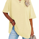 Romildi Basic Loose Solid T-Shirts, Casual Short Sleeve V-Neck T-Shirts, Casual Every Day Tops, Women's Clothing