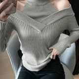 Romildi Cold Shoulder Choker Neck Sweater, Chic Long Sleeve Sweater For Fall & Winter, Women's Clothing