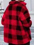 Romildi Plaid Print Patched Pockets Teddy Coat, Versatile Long Sleeve Single Breasted Winter Outwear, Women's Clothing