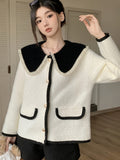 Romildi Color Block Button Down Knit Cardigan, Elegant Turndown Collar Long Sleeve Sweater With Pocket, Women's Clothing