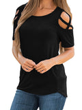 Romildi Cross Open Shoulder Crew Neck T-shirt, Casual Loose Short Sleeve Fashion Summer T-Shirts Tops, Women's Clothing