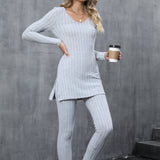 Romildi Casual Ribbed Two-piece Set, Long Sleeve Side Split Top & Pants Outfits, Women's Clothing