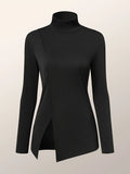 Romildi Solid Split Hem Mock Neck Top, Elegant Long Sleeve T-Shirt For Spring & Fall, Women's Clothing