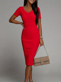 Romildi Solid Ribbed Dress, Elegant V Neck Short Sleeve Slim Dress, Women's Clothing