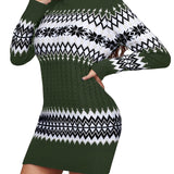 Romildi Christmas Turtleneck Sweater Dress, Long Sleeve Sweater Dress, Casual Sweater Dress For Fall & Winter, Women's Clothing