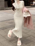 romildi  Solid Rib-knit Asymmetric Neck Sweater Dress, Long Sleeve Split Hem Bodycon Elegant Dress, Women's Clothing