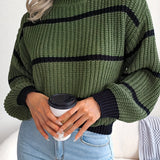 Romildi Striped Color Block Crew Neck Sweater, Casual Long Sleeve Loose Fall Winter Knit Sweater, Women's Clothing