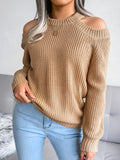 Romildi Solid Color Crew Neck Cold Shoulder Knitted Tops, Casual Everyday Pullover Sweaters, Women's Clothing