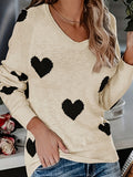 Romildi Heart Pattern Crew Neck Pullover Sweater, Casual Long Sleeve Raglan Shoulder Sweater, Women's Clothing