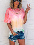 Romildi Tie Dye Color Block T-Shirt, Crew Neck Short Sleeve T-Shirt, Casual Every Day Tops, Women's Clothing