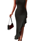 Romildi Ruffle Hem Backless Dress, Elegant Spaghetti Strap Asymmetrical Hem Dress, Women's Clothing