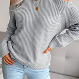 Romildi Solid Color Crew Neck Cold Shoulder Knitted Tops, Casual Everyday Pullover Sweaters, Women's Clothing