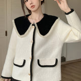 Romildi Color Block Button Down Knit Cardigan, Elegant Turndown Collar Long Sleeve Sweater With Pocket, Women's Clothing