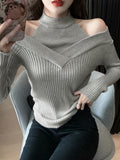 Romildi Cold Shoulder Choker Neck Sweater, Chic Long Sleeve Sweater For Fall & Winter, Women's Clothing