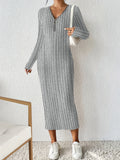 Romildi Half Zip Ribbed Dress, Casual Solid Long Sleeve Every Day Dress, Women's Clothing