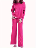 Romildi Casual Contrast Trim Two-piece Set, Long Sleeve Crew Neck Top & Wide Leg Pants Outfits, Women's Clothing