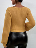 Romildi Solid Surplice Neck Knit Sweater, Casual Long Sleeve Crop Sweater, Women's Clothing