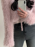 Romildi Solid Tied Front Fluffy Crop Cardigan, Elegant Long Sleeve Chic Sweater, Women's Clothing