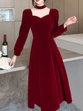 Romildi Tucked Solid Midi Dress, Elegant Long Sleeve Party Dress, Women's Clothing