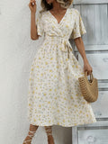 Romildi Flutter Sleeve V Neck Belted Dress, Floral Print Short Sleeve Vacation Casual Dress For Summer & Spring, Women's Clothing