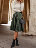Romildi Faux Leather Button Front Skirt, Elegant Ruffle Hem Midi Skirt With Pocket, Women's Clothing