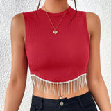 Fringe Hem Crop Tank Top, Sexy Sleeveless Tank Top For Summer, Women's Clothing