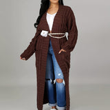 Romildi Long Length Cable Knit Cardigan, Elegant Solid Long Sleeve Sweater With Pockets, Women's Clothing