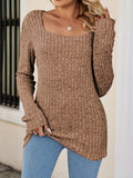 Romildi Squared Neck Rib Knit Sweater, Casual Long Sleeve Solid Sweater, Women's Clothing