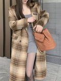 Romildi Plaid Print Double-breasted Coat, Elegant Notched Collar Long Sleeve Knee Length Coat, Women's Clothing