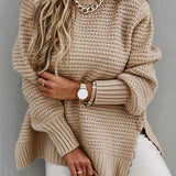 Romildi Solid Mock Neck Chunky Knit Sweater, Casual Long Sleeve Split Pullover Sweater For Fall & Winter, Women's Clothing