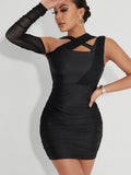 Romildi Asymmetrical Ruched Bodycon Dress, Club Wear Long Sleeve Solid Dress, Women's Clothing