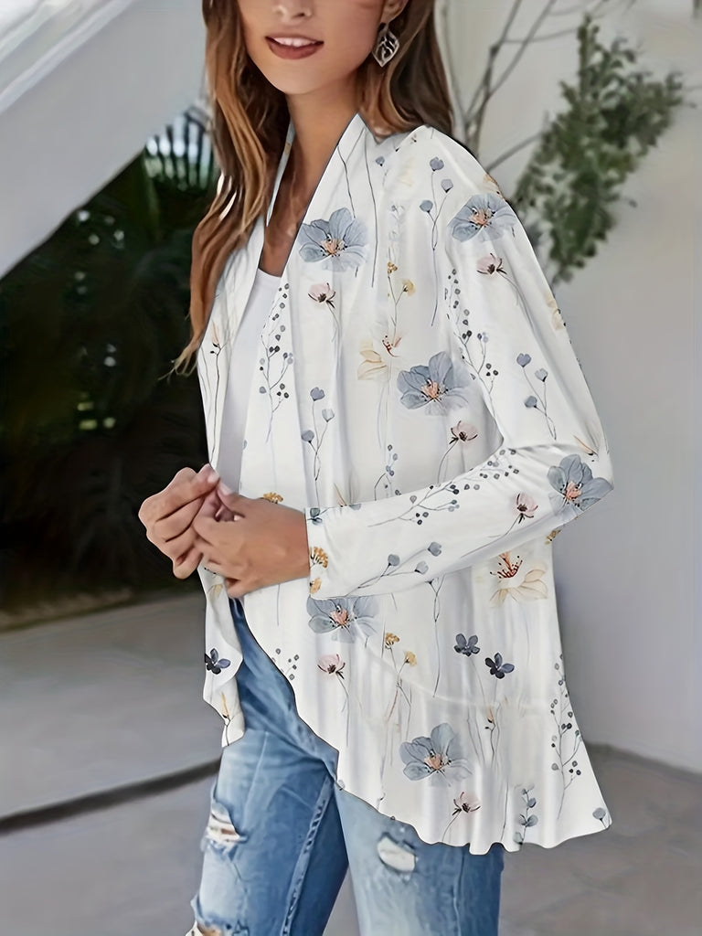 Romildi Floral Print Open Front Ruffle Hem Cardigan, Casual Half Sleeve Cardigan For Summer & Spring, Women's Clothing